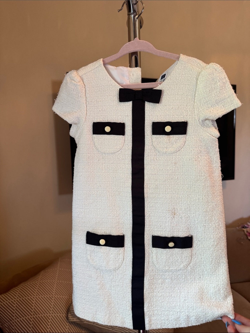 Janie and Jack Cream Tweed Dress with Black Trim and Bow